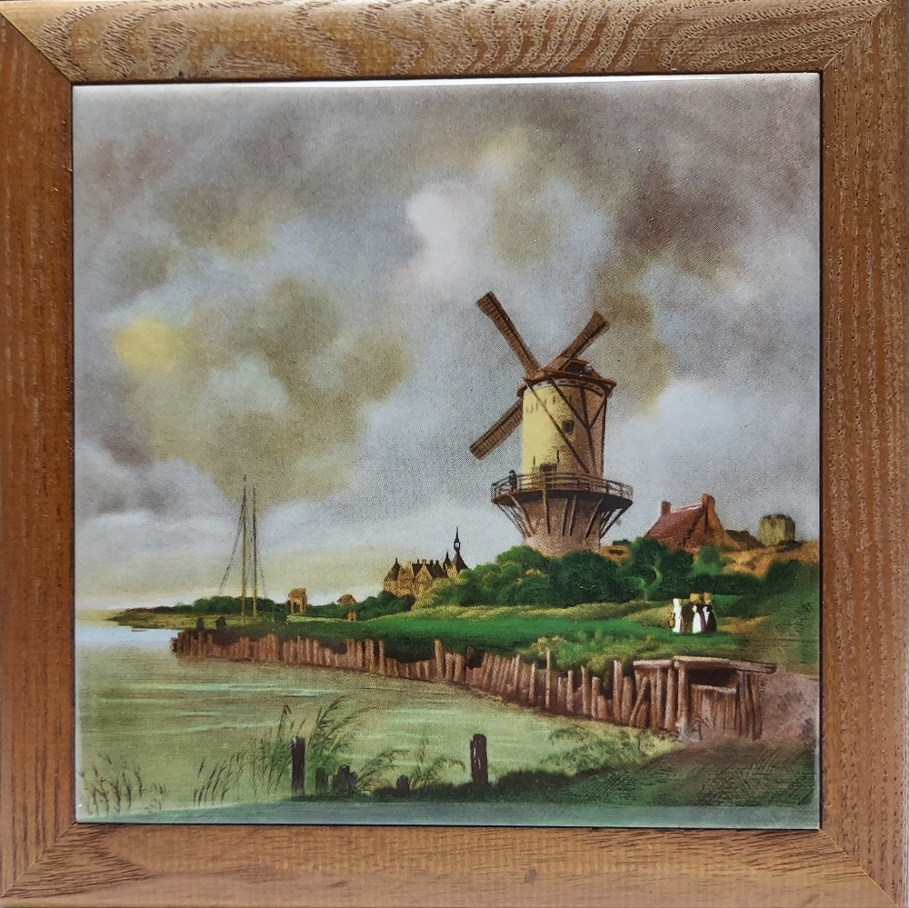 Decorative Windmill Tile Trivet Framed In Wood Wall Hanging Multicolor